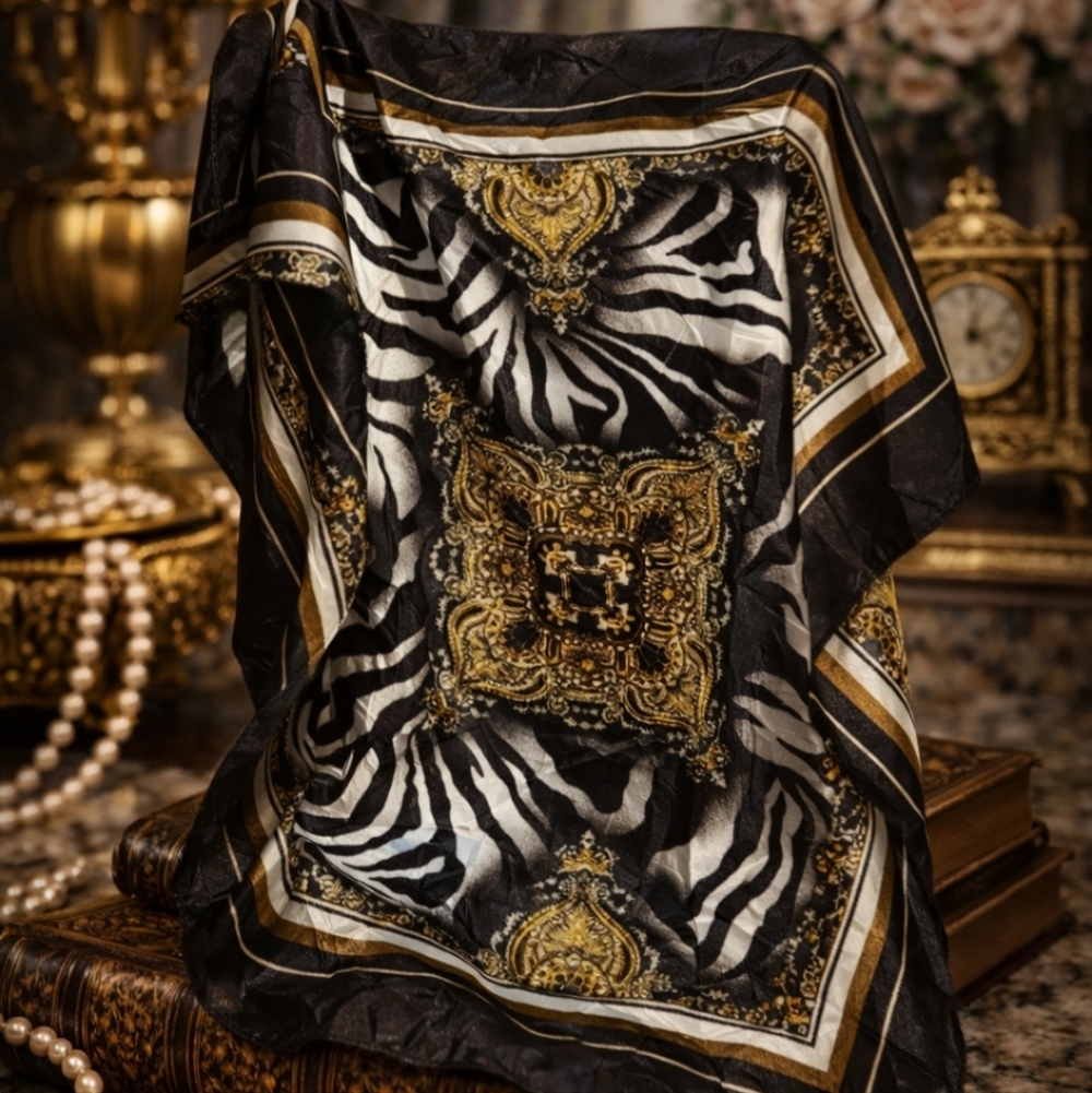 VINTAGE 80s POLYESTER SQUARE SCARF ANIMAL BAROQUE PRINT 27 X 27